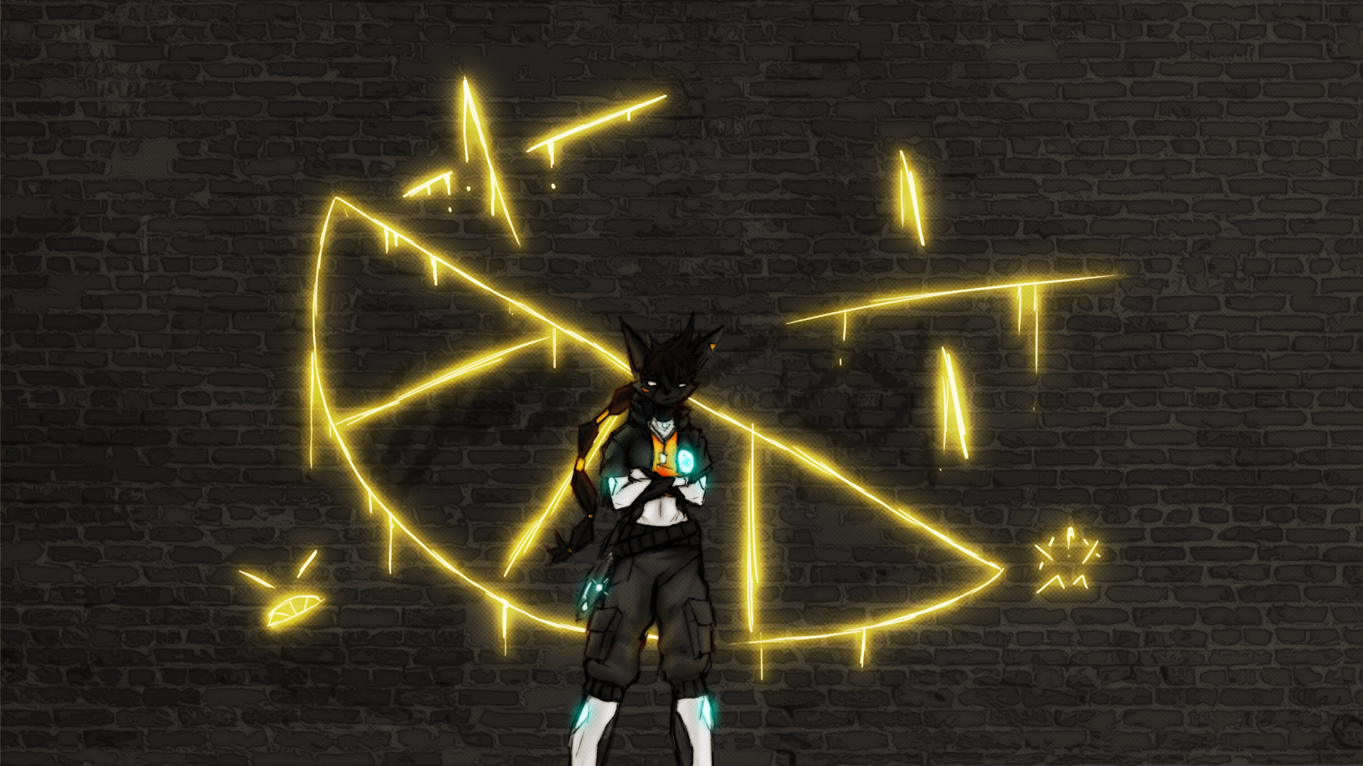 A Character standing in front of a brick wall with a yellow smiley face